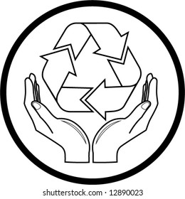 Vector recycle symbol in hands icon. Black and white. Simply change.