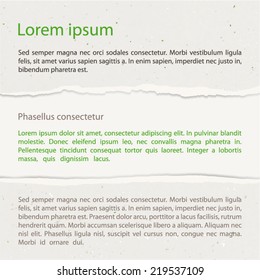 Vector recycled grainy and torn paper. Background paper for banner, label, presentation etc. Texture for recycling, ecology, bio and nature use. Colored - white, beige, green, brown. Eps 10.