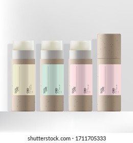 Vector Recycled Kraft Paper CBD Lip Balm Packaging With Minimal Pastel Label Design