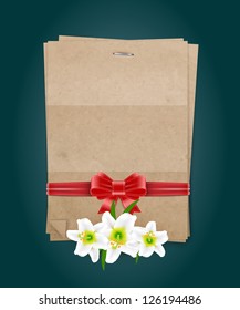 Vector recycled paper holiday background with ribbon bow knot and small white lilies