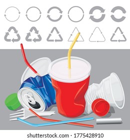 Señales de reciclaje de vectores. Imagen conceptual de diferentes carteles de reciclaje con basura en el suelo