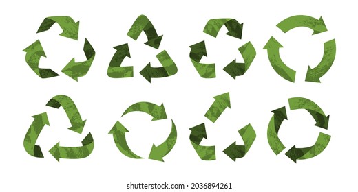 Vector recycling, upcycling signs, isolated icons on white background. Green reuse symbols for ecological design, marking, product labeling. Zero waste lifestyle