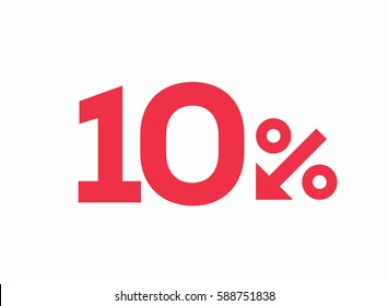 Vector red 10% text designed with an arrow percent icon isolated on white background. For sale campaigns. 