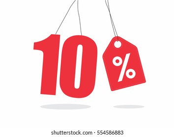 Vector red 10% text with a tag on air with shadow.