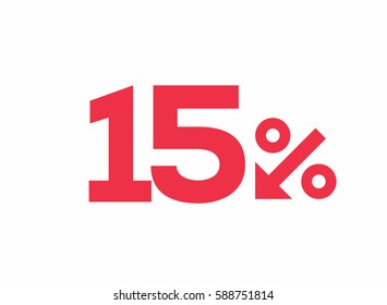 Vector red 15% text designed with an arrow percent icon isolated on white background. For sale campaigns. 