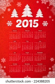 Vector red 2015 new year vector calendar with paper Christmas trees