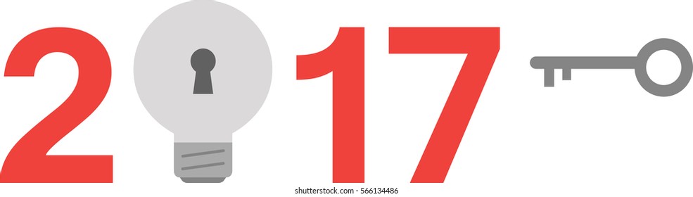 Vector red 2017 text with grey lightbulb and keyhole and grey key.