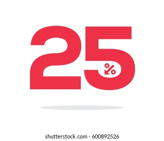 Vector red 25% text designed with an arrow percent icon on air with shadow isolated on white background. For sale campaigns.