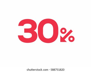 Vector red 30% text designed with an arrow percent icon isolated on white background. For sale campaigns. 