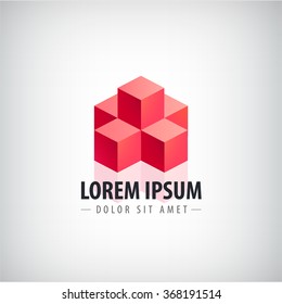 Vector red 3d abstract logo, cubes logo, geometric icon. Structure, pyramid isolated, identity