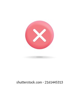 Vector red 3d cross mark round symbol icon. Cute 3d realistic render illustration. Wrong, not accepted , rejected, no, cancel sing button.