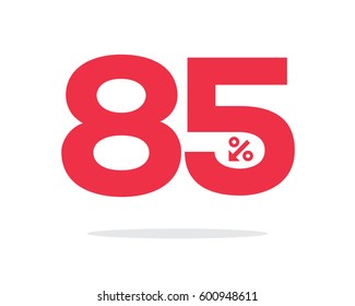 Vector red 85% text designed with an arrow percent icon on air with shadow isolated on white background. For sale campaigns.