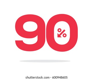 Vector red 90% text designed with an arrow percent icon on air with shadow isolated on white background. For sale campaigns.