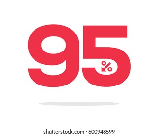 Vector red 95% text designed with an arrow percent icon on air with shadow isolated on white background. For sale campaigns.
