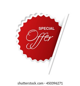 Vector red advertising label with text Special offer. Circular sticker inserted under the white paper page.