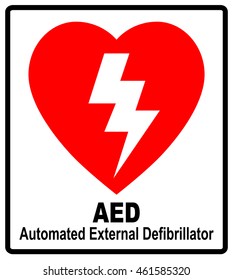 Vector of a red AED Sticker with heart shape and lightning