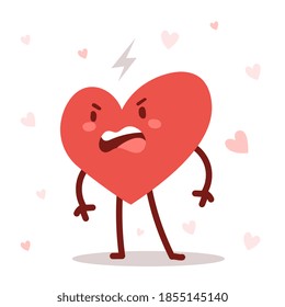 Vector red angry heart character on white background. Romantic flat style Valentine's Day illustration to express feelings of love