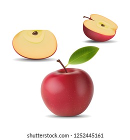 vector red apple with green leaf and slicea nd half apple. Isolated eco natural food fruit illustration on white background