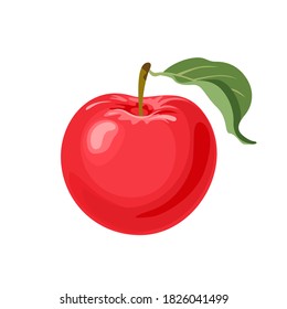 Vector red apple with green leaf isolated on white background. Fruit icon. Illustration in cartoon flat style.