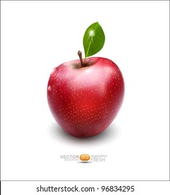 Vector red apple with green leaf on white background