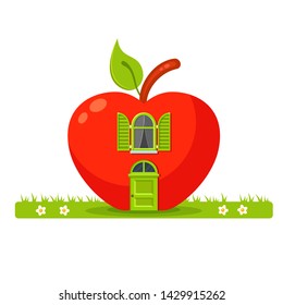 Vector red apple house on grass with a green arch window and a door. Cute child summer illustration in a cartoon style. Bright lawn with flowers. Sweet home