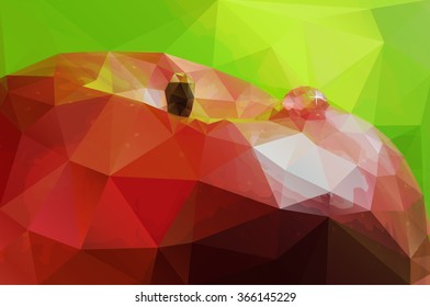Vector red apple with straw on a green background. Low poly triangular style illustration