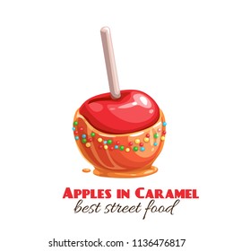 Vector red apples in caramel or toffee. Halloween sweets for street food cafe. Cartoon style.