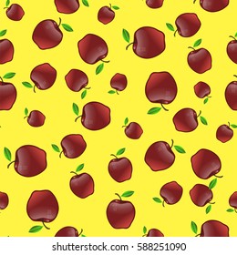Vector Red Apples with Green Leaves Seamless Pattern on Yellow Background