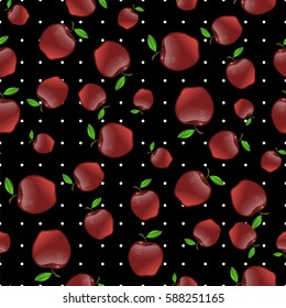 Vector Red Apples with Green Leaves Seamless Pattern on Black Dotted Background