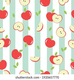 Vector red apples textured seamless pattern. Whole apples and slices with leaves on green and white lines background. Striped vector background. Suitable for wallpapers and fabric textile prints. 