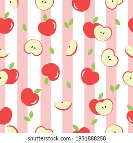 Vector red apples textured seamless pattern. Whole apples and slices with leaves on pink and white striped background. Striped vector background. Suitable for wallpapers and fabric textile prints. 