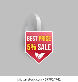 Vector red arrow shape wobbler mockup set with transparent strip and grey background. Sale message template for your hanging shelf tag design.