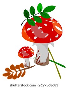 Vector. Red autumn fly agaric, mushroom, leaf elements, autumn motifs. Vector element for print design.