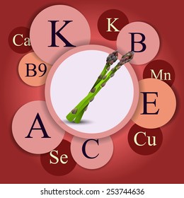 Vector red background with asparagus and vitamins. Healthy food elements