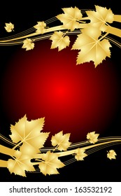 Vector red background with gold leaves