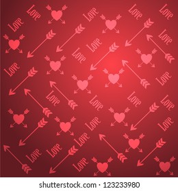 Vector red background with hearts, "love" and arrows