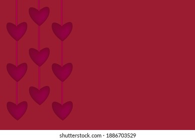 Vector red background with hearts on the ribbon. The concept of love.