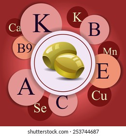Vector red background with olive and vitamins. Healthy food elements