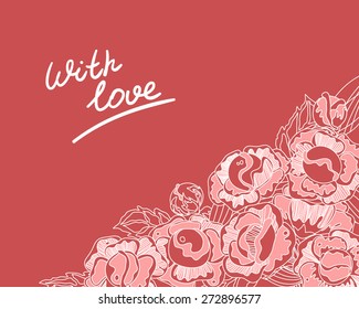 vector red background with roses and inscription "With love"