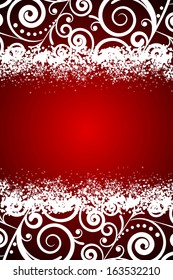 Vector red background with white floral decorations and snowflakes