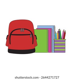 Vector of red backpack with colorful books, green, purple and blue notebooks, and stationery. Ideal for school, education, or back to school themes in children related content