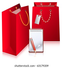 Bolsas rojas vectoriales con portátil.