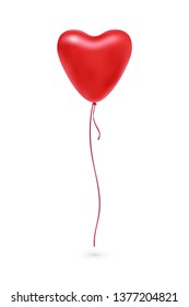 Vector red balloon in form of heart isolated on white background. Festive decoration element for Birthday, Valentines Day, party, wedding. Holiday illustration of flying red balloon with ribbon.