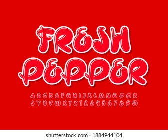 Vektorroter Banner Fresh Pepper. Handgeschriebener heller Schriftzug. Satz für kreative Alphabet-Buchstaben und -Zahlen