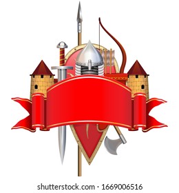 Vector Red Banner with Knight Armor isolated on white background