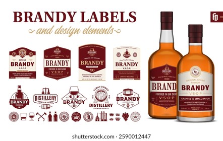 Vector red and beige premium quality brandy labels. Realistic brandy glass bottle mockups