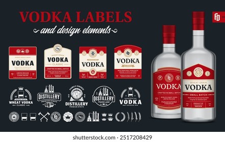 Vector red and beige vodka labels. Realistic vodka glass bottle mockups. Distillery branding and identity design elements