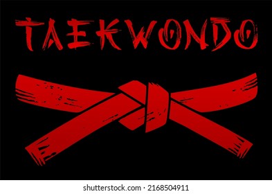 Vector red belt stencil silhouette drawing illustration with taekwondo calligraphy word text lettering calligraphic strokes in the Japanese character style.Black t shirt print design.Sport.Wrestling