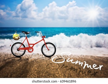 Vector Red Bicycle Sea Sun beach summer reflection