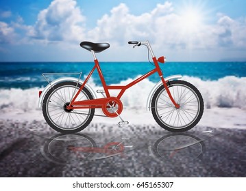 Vector Red Bicycle Sea Sun beach summer reflection